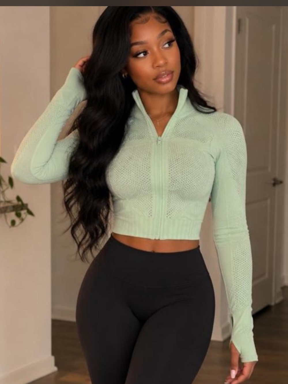 Cropped Zip-Up Knit Top in Mint Green